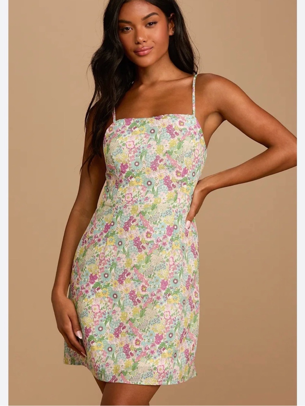 Lulu's Floral Mini Dress in Pastel Pink, Green & Blue